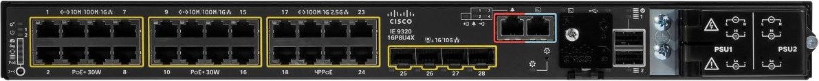 Cisco Catalyst IE-9320-16P8U4X – mặt trước: 16 cổng RJ45 PoE+, 8 cổng 2.5G 4PPoE và 4 cổng SFP+ 1/10G