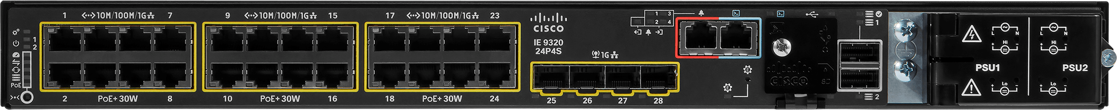 Cisco Catalyst IE-9320-24P4S – mặt trước: 24 cổng RJ45 PoE+ và 4 cổng uplink SFP 1G