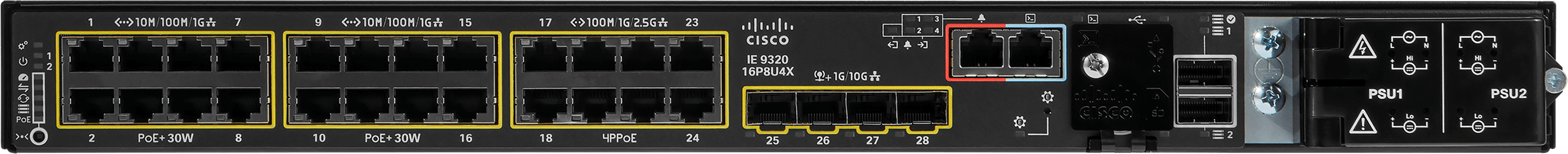 Cisco Catalyst IE-9320-24P4X-E – mặt trước: 24 cổng RJ45 PoE+ và 4 cổng SFP+ 1/10G