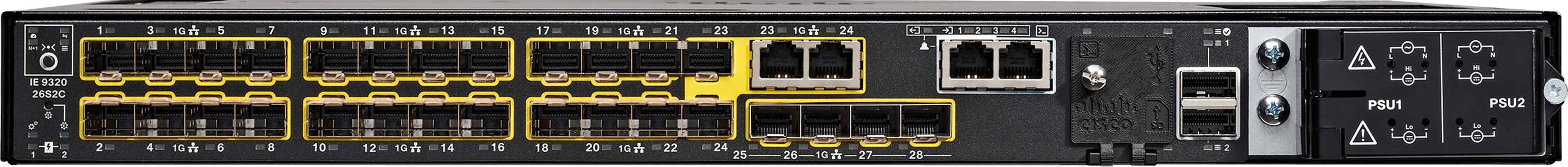 Cisco Catalyst IE-9320-26S2C – mặt trước: 22 cổng SFP, 2 cổng dual-media và 4 cổng uplink SFP