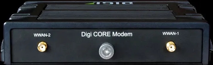 Digi IX20W IX20-W0G4 mặt sau: 2 đầu anten LTE WWAN-1, WWAN-2 và nắp modem Digi CORE (ảnh chính hãng)