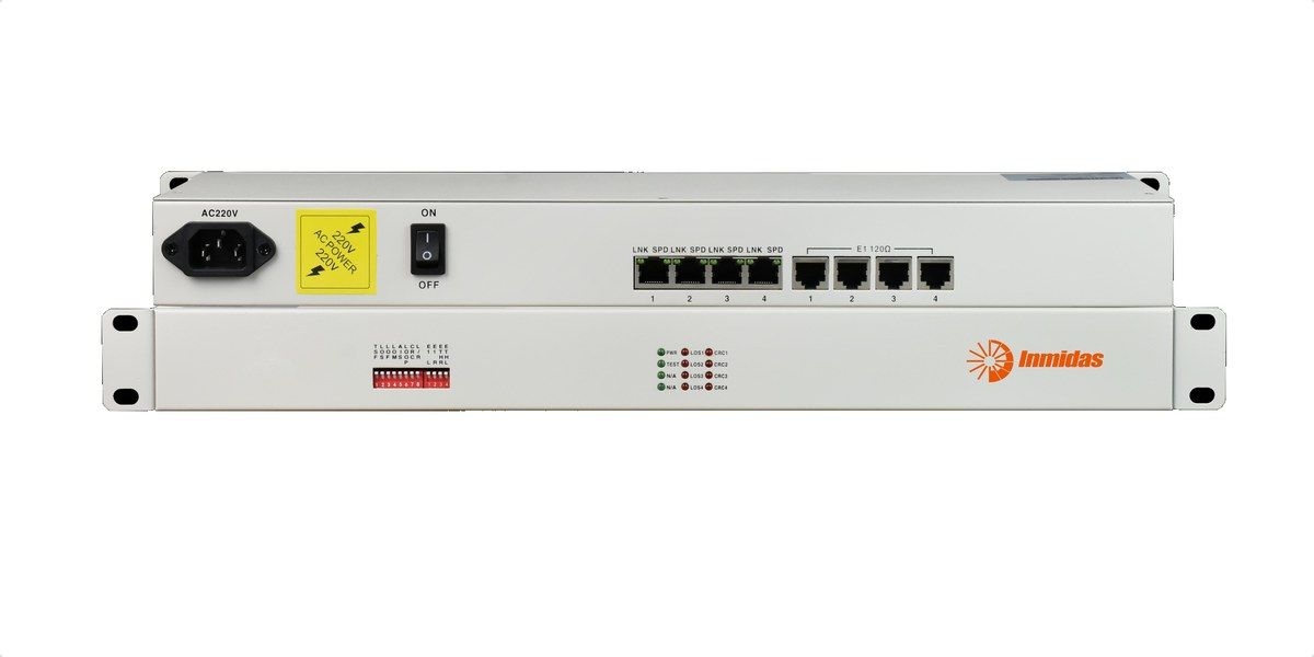 Bộ chuyển đổi 4E1-4FE Inmidas MEL-4E1 19 inch 1U, mặt trước và mặt sau