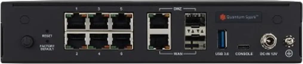 Check Point CPAP-SG2550W-SNBT mặt sau: 6 cổng LAN 1GbE RJ45, cổng WAN và DMZ combo 1GbE RJ45/SFP, USB 3.0, USB-C Console, DC-IN 12V
