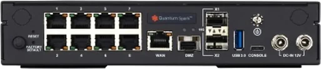 Check Point CPAP-SG2570-SNBT mặt sau: 8 cổng LAN 1GbE RJ45, 2 cổng LAN 10GbE SFP+, 1 cổng WAN 1GbE RJ45, 1 cổng DMZ 1GbE SFP, USB 3.0, USB-C Console, 2x DC-IN 12V