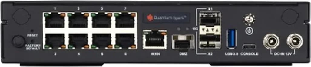 Check Point CPAP-SG2570W-SNBT mặt sau: 8 cổng LAN 1GbE RJ45, 2 cổng LAN 10GbE SFP+, 1 cổng WAN 1GbE RJ45, 1 cổng DMZ 1GbE SFP, USB 3.0, USB-C Console, 2x DC-IN 12V