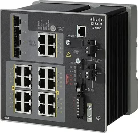 Cisco IE-4000-16GT4G-E góc nghiêng: mặt trước và sườn tản nhiệt (ảnh chụp thật)