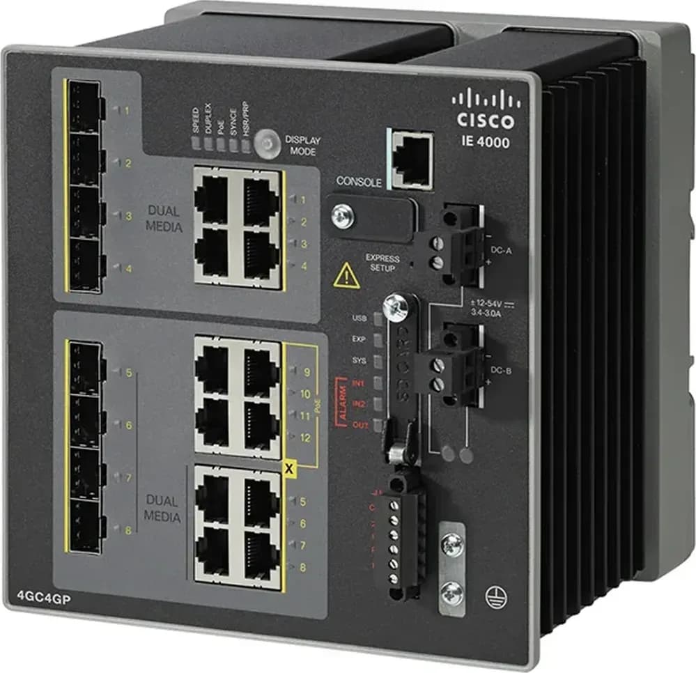 Cisco IE-4000-4GC4GP4G-E góc nghiêng thấy sườn tản nhiệt (ảnh chụp thật)