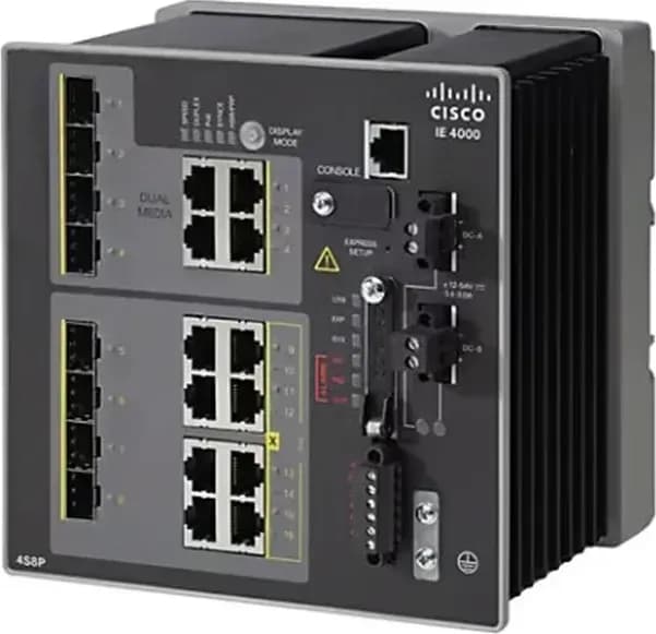 Cisco IE-4000-4S8P4G-E góc nghiêng thấy sườn tản nhiệt (ảnh chụp thật)