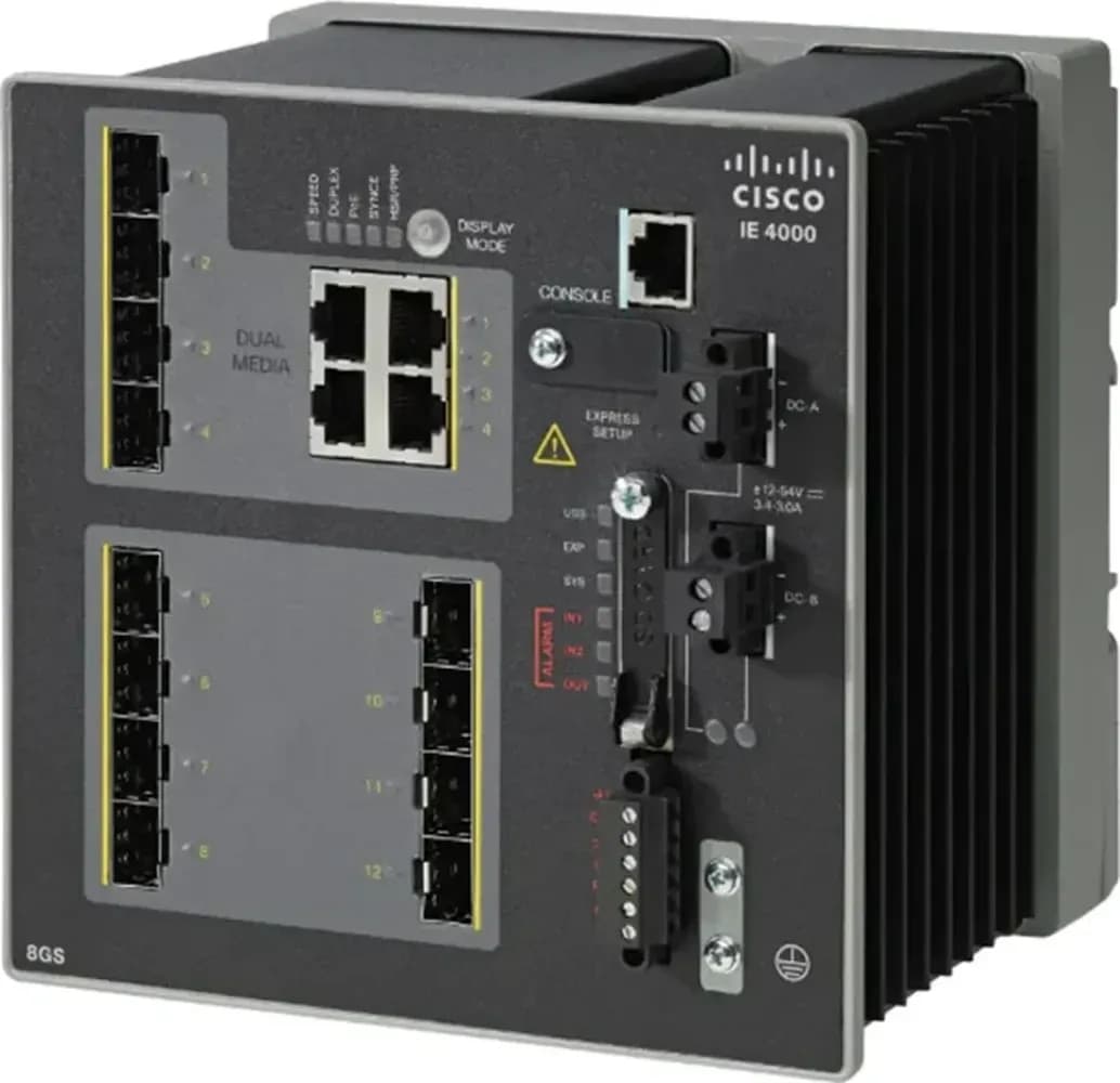 Cisco IE-4000-8GS4G-E góc nghiêng thấy mặt sườn tản nhiệt (ảnh chụp thật)