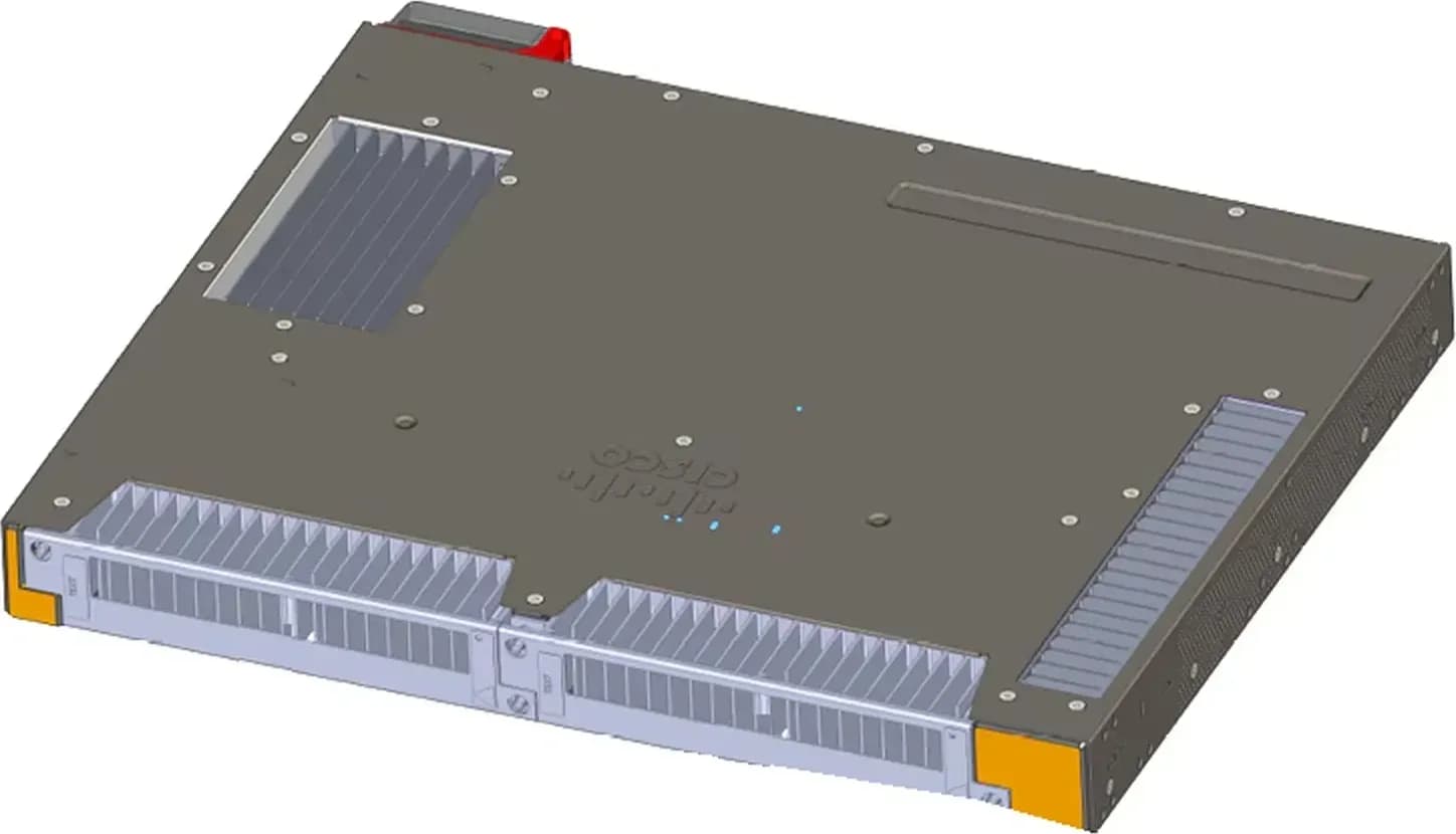 Cisco IE-9320-24P4X-A mặt sau: 2 khay nguồn, tản nhiệt lá, không quạt (hình chính hãng dòng IE9300)