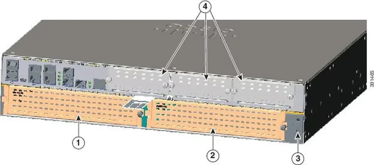 Cisco ISR4351/K9 mặt I/O: cổng GE, 3 khe NIM, 2 khe SM-X (hình chính hãng Cisco)