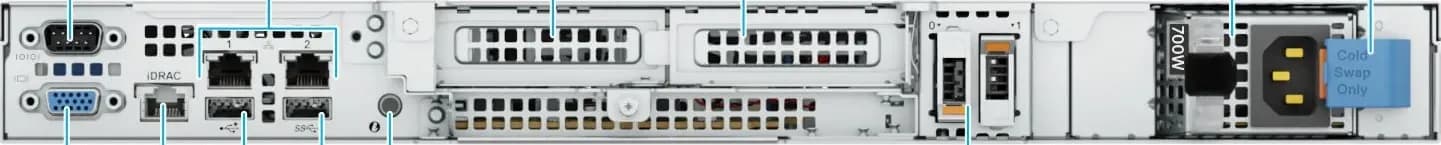Dell PowerEdge R260 mặt sau: cổng Serial, VGA, iDRAC Ethernet, 2 cổng 1GbE LOM, USB, 2 khe PCIe Gen4, BOSS-N1 và bộ nguồn