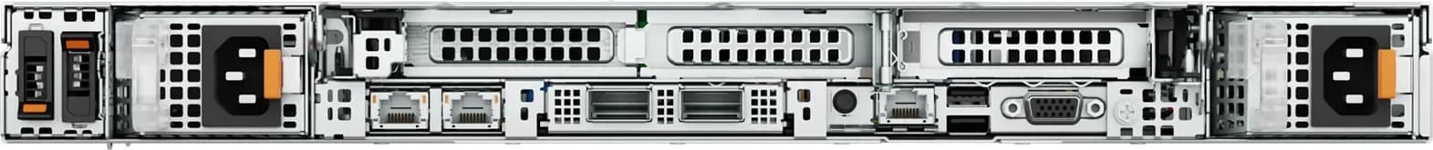 Dell PowerEdge R660 mặt sau: bộ nguồn kép thay nóng, 3 khe PCIe LP, cổng iDRAC9, VGA, USB 2.0, USB 3.0