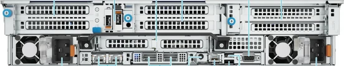 Dell PowerEdge R760 mặt sau: bộ nguồn kép thay nóng, khe cắm mở rộng PCIe, cổng iDRAC9, VGA, USB