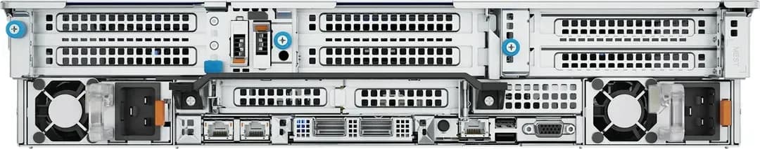 Dell PowerEdge R7615 mặt sau: 8 khe PCIe, BOSS-N1, 2 cổng 1GbE LOM, khe OCP 3.0, cổng iDRAC, USB, VGA và 2 bộ nguồn dự phòng