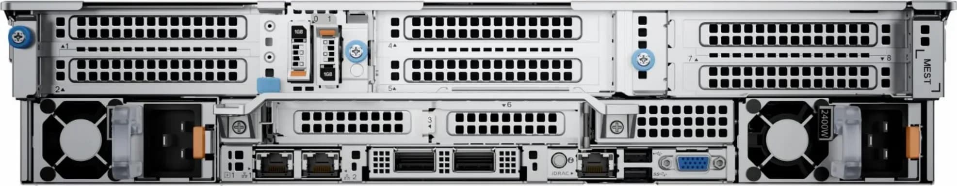 Dell PowerEdge R7625 mặt sau: 8 khe PCIe, BOSS-N1, 2 cổng 1GbE LOM, khe OCP 3.0, cổng iDRAC, USB, VGA và 2 bộ nguồn dự phòng