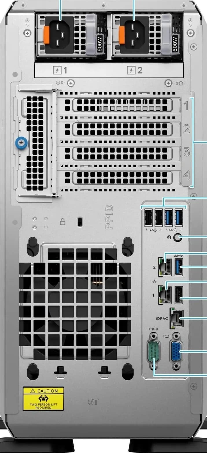 Dell PowerEdge T360 mặt sau: bộ nguồn kép thay nóng, khe cắm mở rộng PCIe, cổng iDRAC9, VGA, USB 2.0, USB 3.0