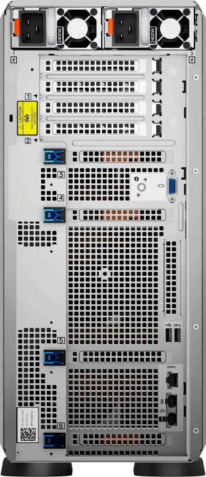Dell PowerEdge T560 mặt sau: bộ nguồn kép thay nóng, khe cắm mở rộng PCIe, cổng iDRAC9, VGA, USB 2.0, USB 3.0