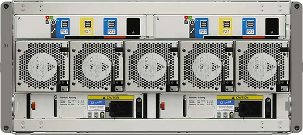 Dell PowerVault ME5284 mặt sau: 2 controller module, 5 quạt làm mát FCM, 2 bộ nguồn dự phòng kép