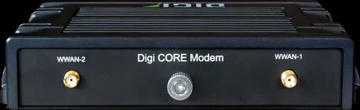 Digi IX20W IX20-W0G4 mặt sau: 2 đầu anten LTE WWAN-1, WWAN-2 và nắp modem Digi CORE (ảnh chính hãng)