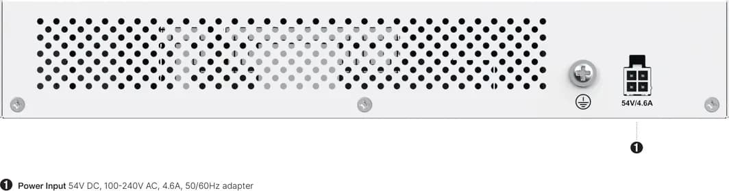 Fortinet FS-110G-FPOE mặt sau với lưới thoáng nhiệt, ngõ cắm nguồn DC 54V/4.6A và vít tiếp địa (hình chính hãng)