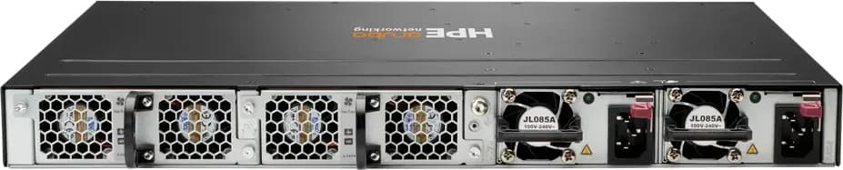 HPE JL658A mặt sau: 2 khay quạt tháo lắp nóng, 2 khe nguồn module hot-swap JL085A, điểm tiếp đất
