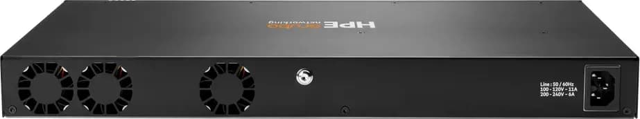 HPE JL667A mặt sau: 3 quạt làm mát cố định, điểm tiếp đất, cổng nguồn AC cố định 200W