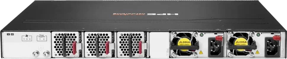 HPE S0E91A mặt sau: 3 khay quạt tháo lắp nóng JL714A, 2 khe nguồn module hot-swap, điểm tiếp đất