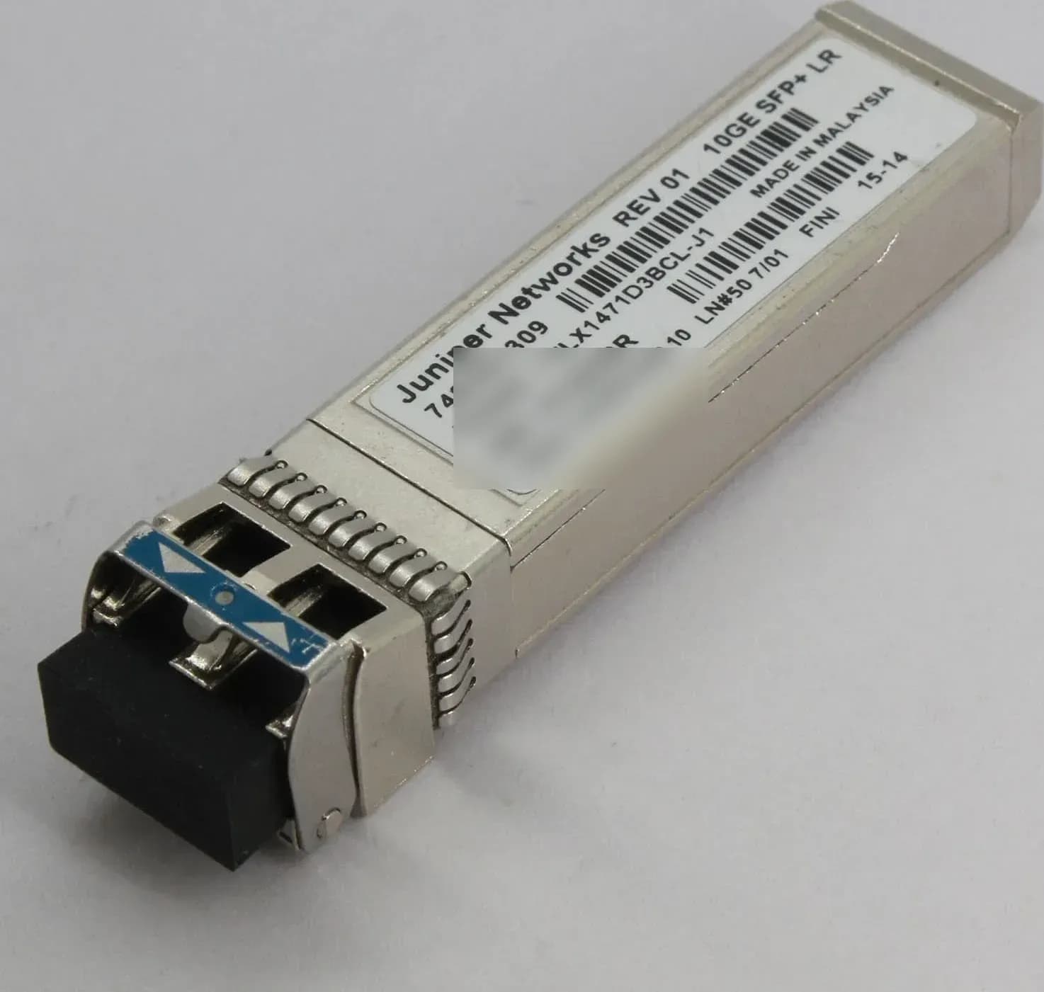 Juniper EX-SFP-10GE-LR nhìn nghiêng: đầu LC duplex, cần khoá xanh lam (ảnh thật)