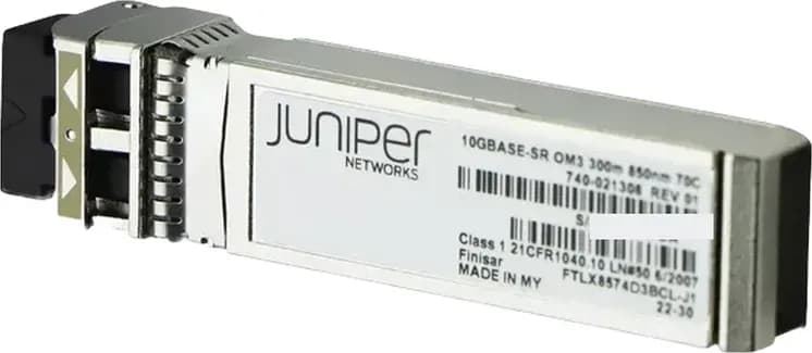 Juniper EX-SFP-10GE-SR nhìn nghiêng: đầu LC duplex, cần khoá gập (ảnh thật)