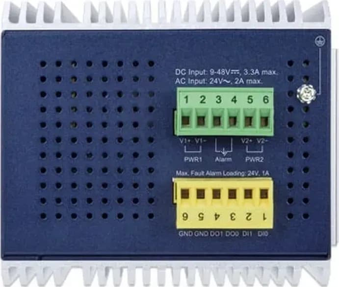PLANET IGS-6325-16T4X mặt sau: gá DIN-rail và khe tản nhiệt nhôm IP30 (hình chính hãng)