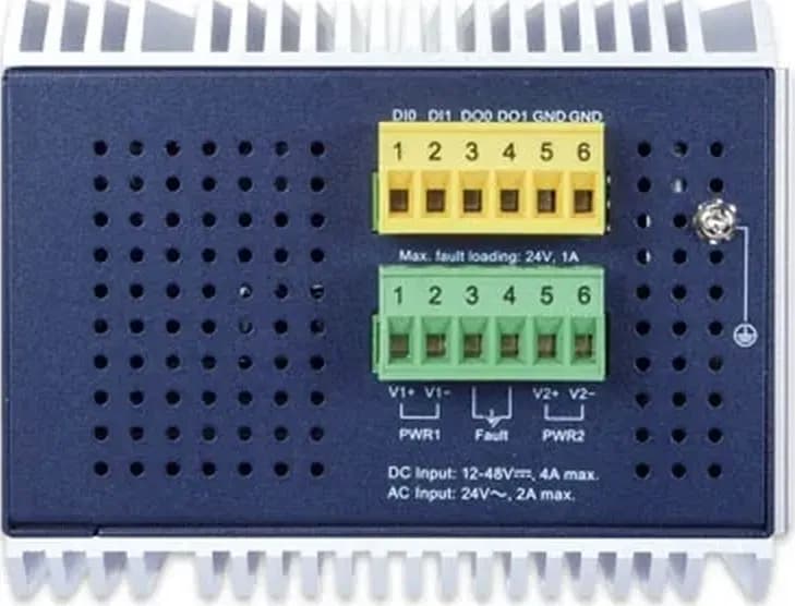 PLANET IGS-6325-8T4X mặt sau: gá DIN-rail và khe tản nhiệt nhôm IP30 (hình chính hãng)