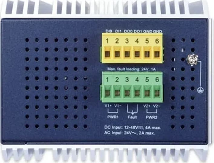 PLANET IGS-6325-8T8S4X mặt sau: gá DIN-rail và khe tản nhiệt nhôm IP30 (hình chính hãng)