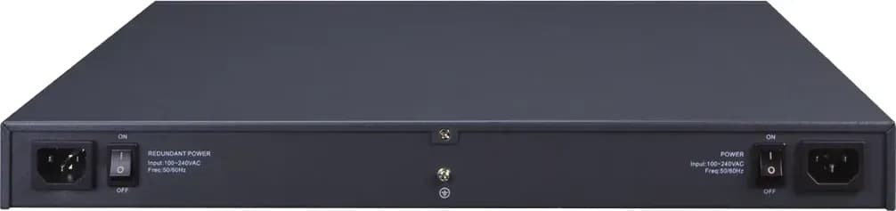 PLANET XGS-6350-12X8TR mặt sau: 2 ngõ vào nguồn AC 100~240V dự phòng, 2 công tắc nguồn và cọc tiếp địa (hình chính hãng)