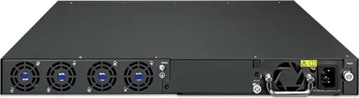 PLANET XGS-6350-24X2C mặt sau: ngõ vào nguồn AC, khe nguồn dự phòng AC/DC và cụm quạt (hình chính hãng)