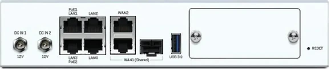 Sophos SD-RED 20 mặt sau: 4 cổng LAN GbE, 1 cổng WAN/SFP, USB 3.0, khe mở rộng modular bay, 2 nguồn DC