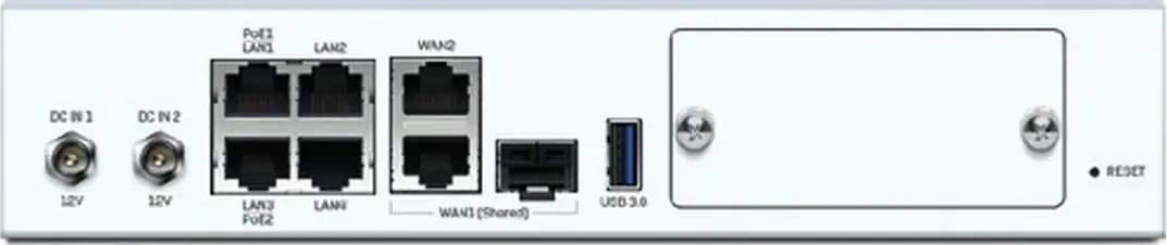 Sophos SD-RED 60 mặt sau: 4 cổng LAN GbE (2 PoE 30W), 2 cổng WAN GbE, 1 cổng SFP, USB 3.0, khe mở rộng modular bay, 2 nguồn DC