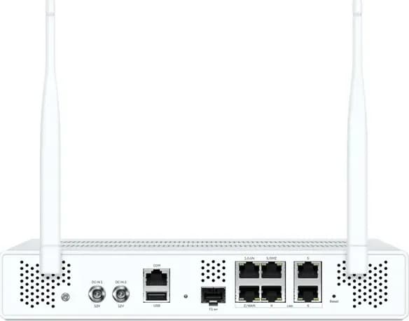 Sophos XGS 108w mặt sau: 6 cổng 2.5GE, 1 SFP, COM, USB 3.0, 2 giắc DC, 2 ăng-ten Wi-Fi (hình chính hãng)