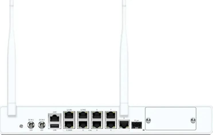 Sophos XGS 118w mặt sau: 9 cổng 2.5GE, 1 SFP, COM, USB 3.0, khe mở rộng 5G, 2 anten Wi-Fi 6