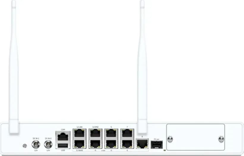 Sophos XGS 128w mặt sau: 9 cổng 2.5GE, 1 SFP, khe 5G, 2 anten Wi-Fi (hình chính hãng)