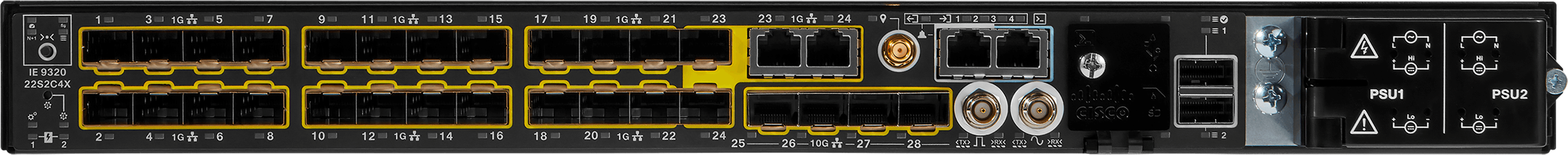 Cisco Catalyst IE-9320-22S2C4X – mặt trước: 22 cổng SFP, 2 cổng dual-media, 4 cổng SFP+ 1/10G và đầu vào GPS/IRIG-B