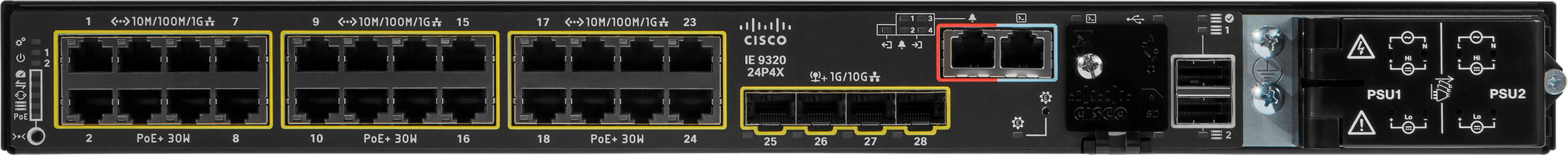 Cisco Catalyst IE-9320-24T4X – mặt trước: 24 cổng RJ45 Gigabit và 4 cổng SFP+ 1/10G