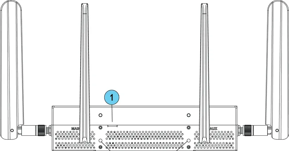 Check Point CPAP-SG1595R5G-SNBT mặt sau: 4 ăng-ten 5G ngoài, khe khoá chống trộm, lỗ gắn DIN rail M3, lưới tản nhiệt (hình chính hãng)
