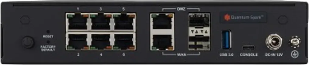 Check Point CPAP-SG2550W-SNBT mặt sau: 6 cổng LAN 1GbE RJ45, cổng WAN và DMZ combo 1GbE RJ45/SFP, USB 3.0, USB-C Console, DC-IN 12V