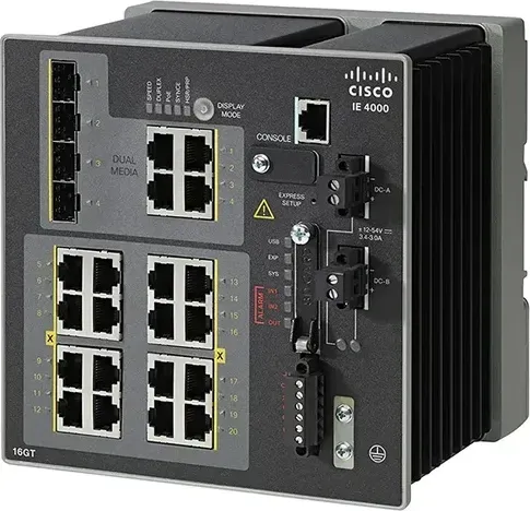 Cisco IE-4000-16GT4G-E góc nghiêng: mặt trước và sườn tản nhiệt (ảnh chụp thật)