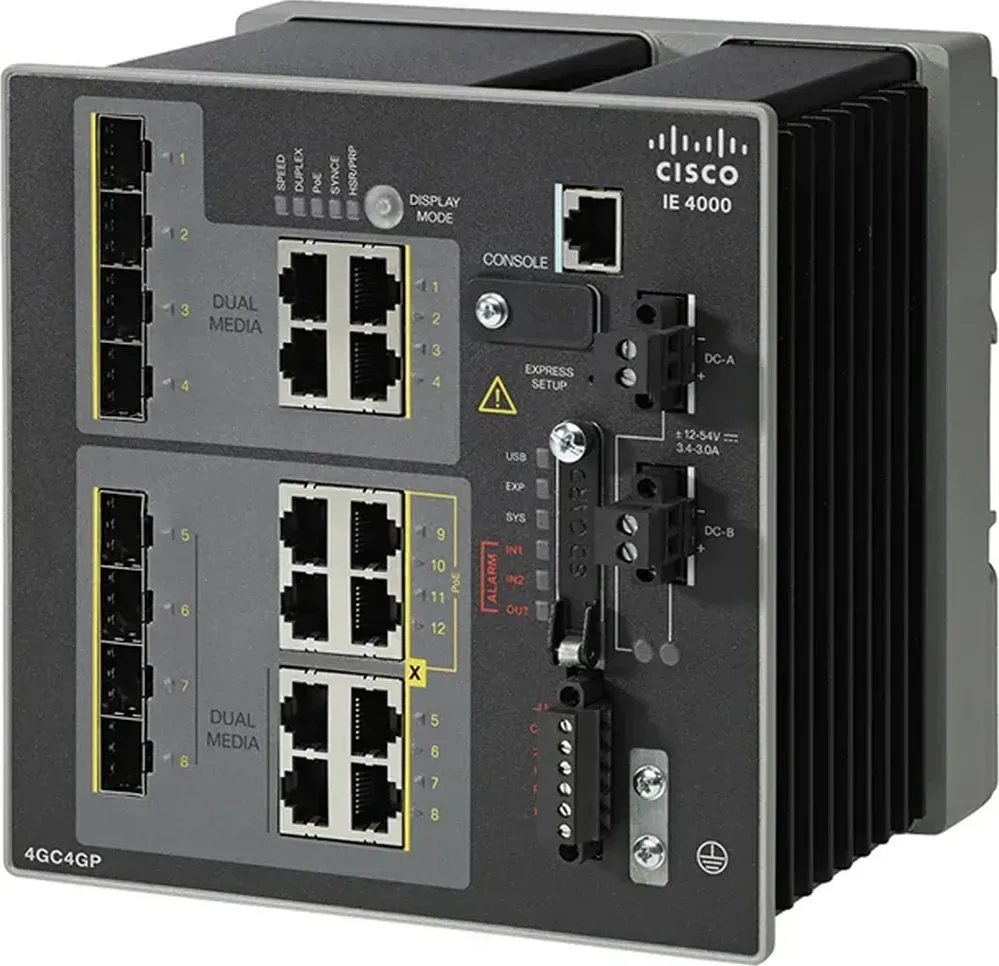 Cisco IE-4000-4GC4GP4G-E góc nghiêng thấy sườn tản nhiệt (ảnh chụp thật)