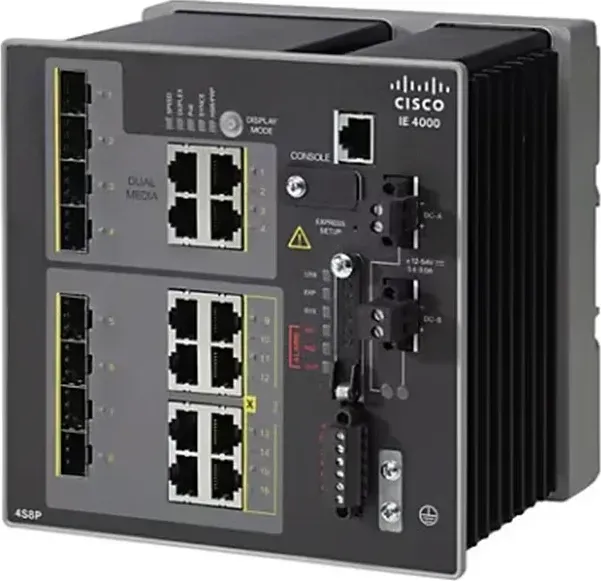 Cisco IE-4000-4S8P4G-E góc nghiêng thấy sườn tản nhiệt (ảnh chụp thật)