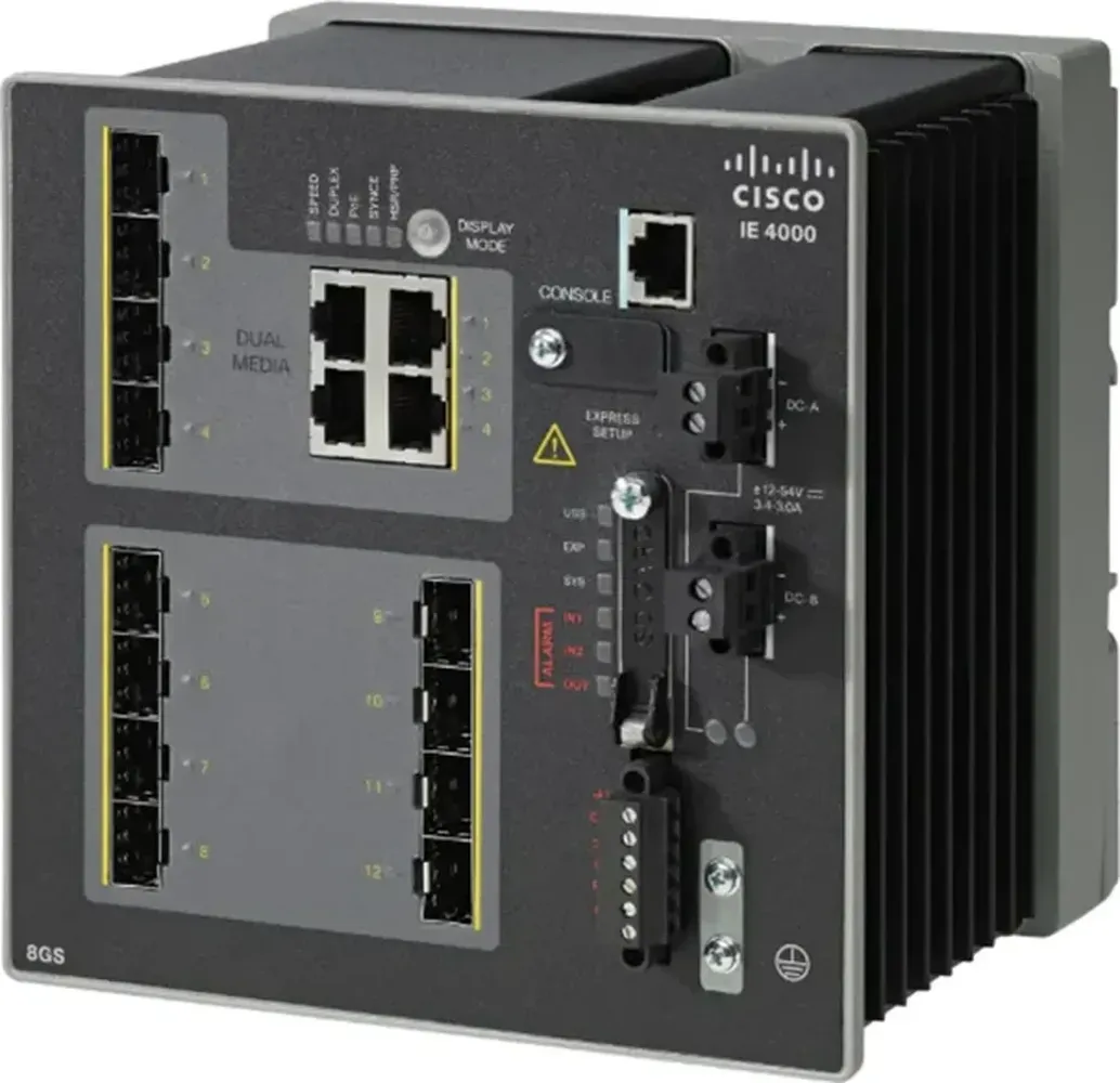 Cisco IE-4000-8GS4G-E góc nghiêng thấy mặt sườn tản nhiệt (ảnh chụp thật)