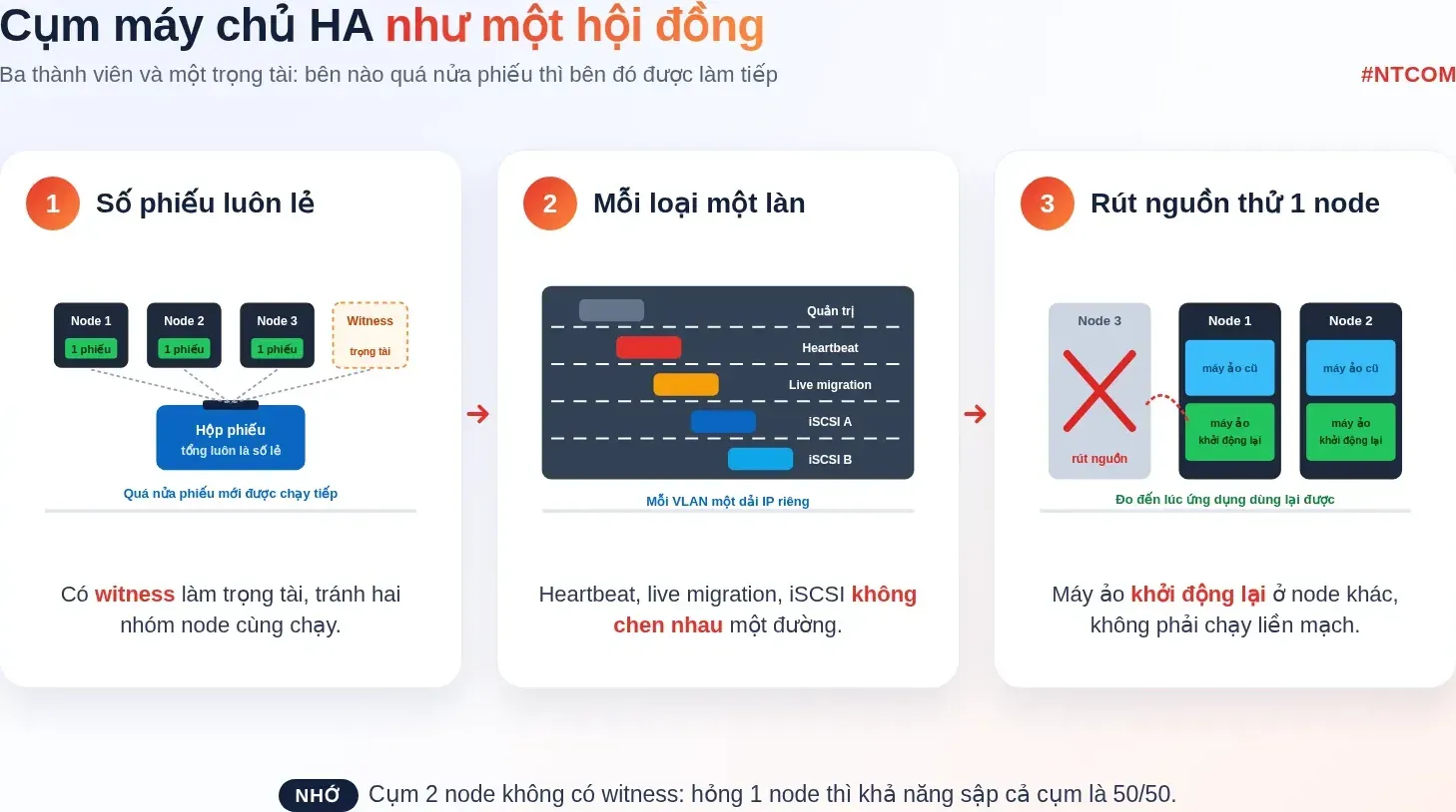 Hiểu nhanh cụm máy chủ sẵn sàng cao: số phiếu lẻ, mạng tách làn, diễn tập rút nguồn một node