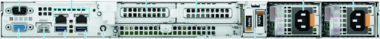 Dell PowerEdge R360 mặt sau: bộ nguồn kép thay nóng, khe cắm mở rộng PCIe, cổng iDRAC9, VGA, USB